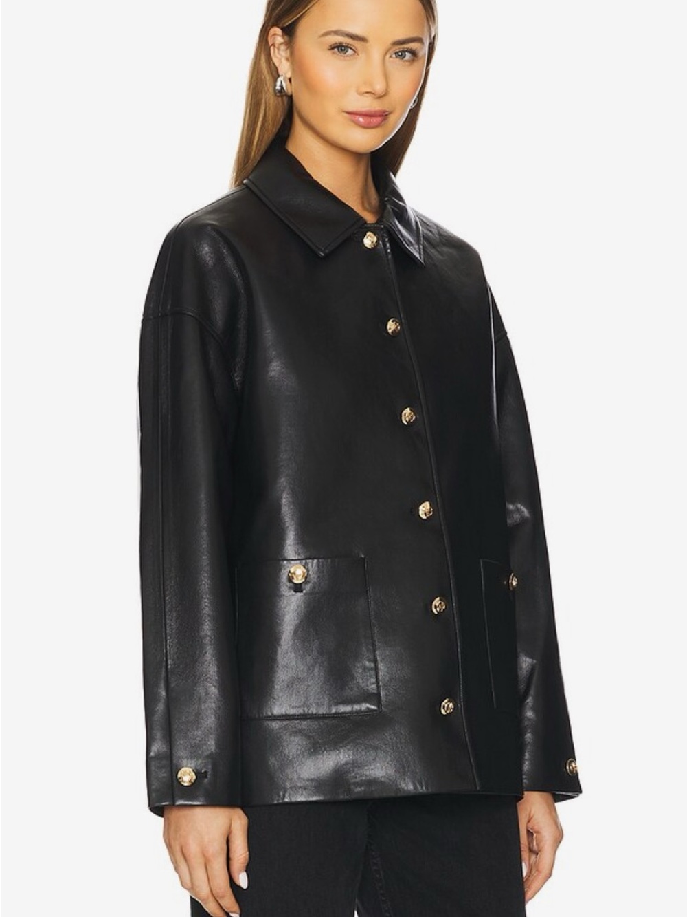 Anine Bing Luca Black Leather Button-Front Jacket with Gold Hardware - Picture 4 of 12